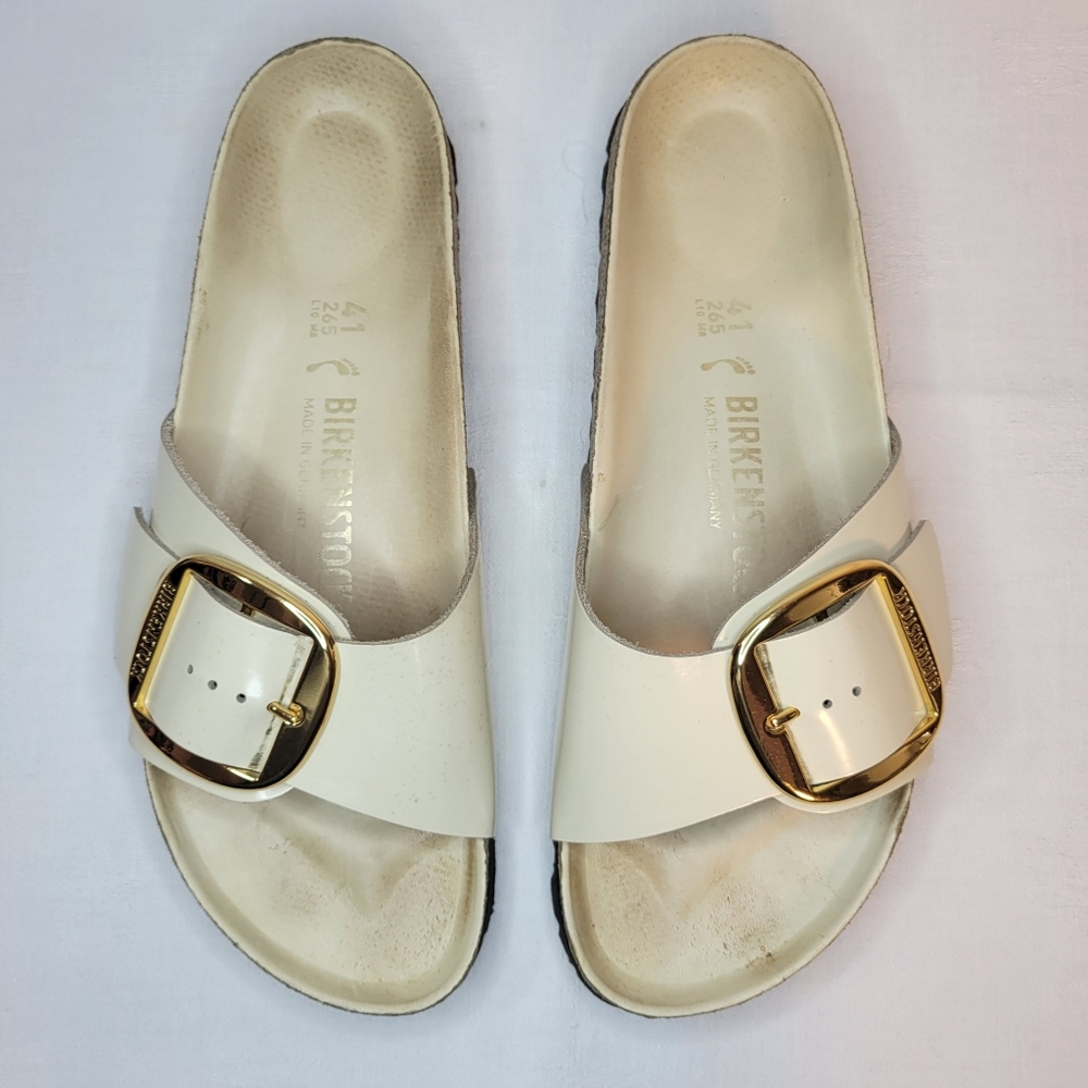 Birkenstock (Women's 10) Madrid Big Buckle Natural Patent Leather White Sandals
